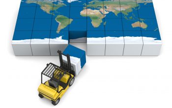 Concept of global transportation, modern yellow forklift carrying piece of global map, isolated on white background. Elements of this image furnished by NASA.