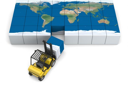 Concept of global transportation, modern yellow forklift carrying piece of global map, isolated on white background. Elements of this image furnished by NASA.